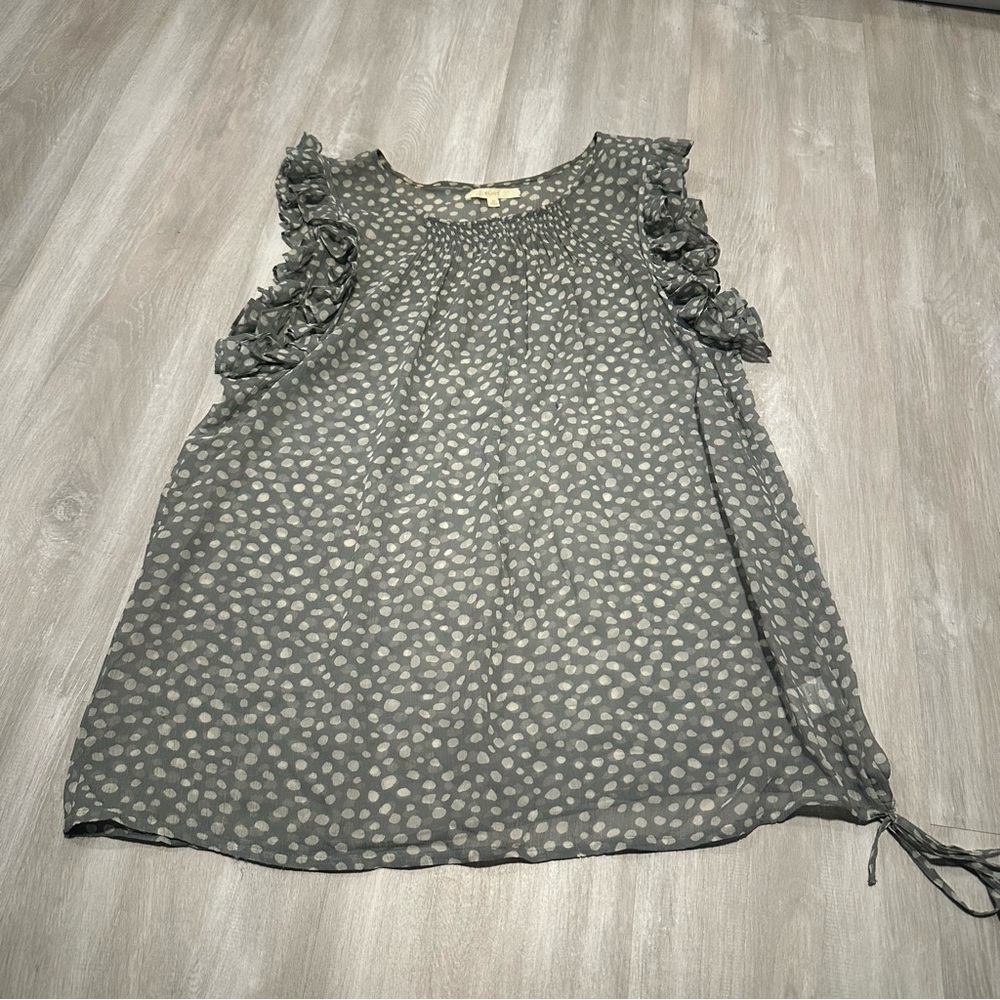 Eliot Gray White Polka Dot %100 Silk Sheer Ruffle Sleeve Blouse Top Sz M